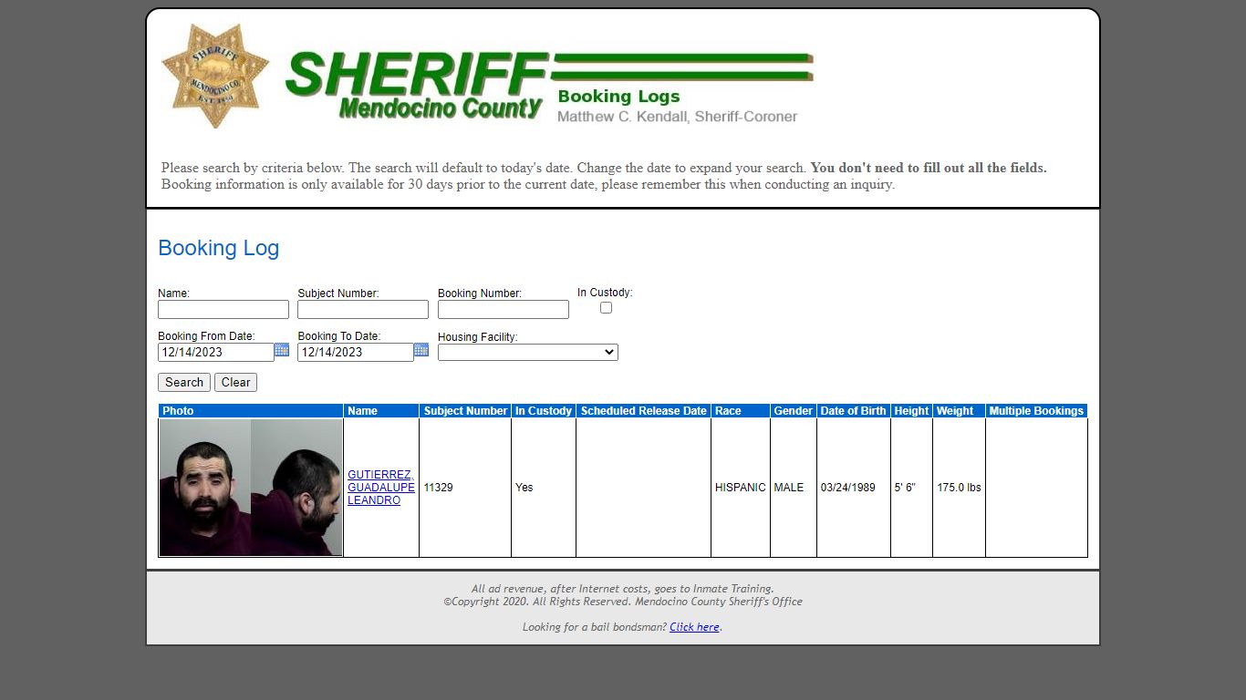 Booking Log - Mendocino County Sheriff's Office